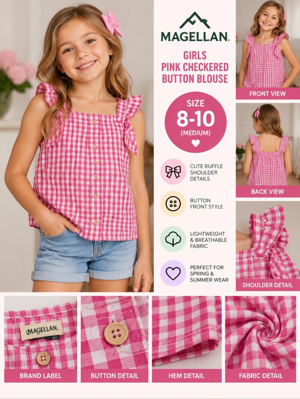 Magellan girls 8-10 pink checkered button Blouse #36